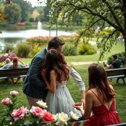 A romantic yet tense scene set in a vibrant park during a double date