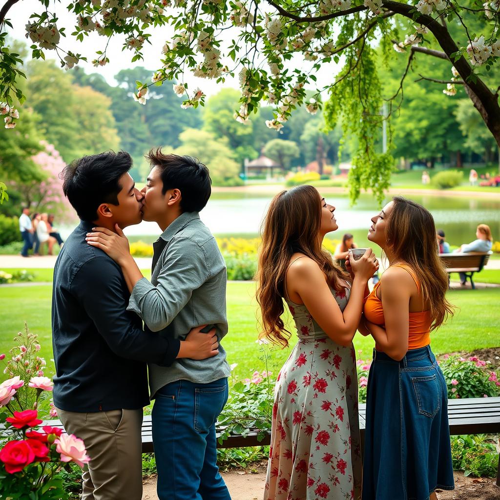 A romantic yet tense scene set in a vibrant park during a double date