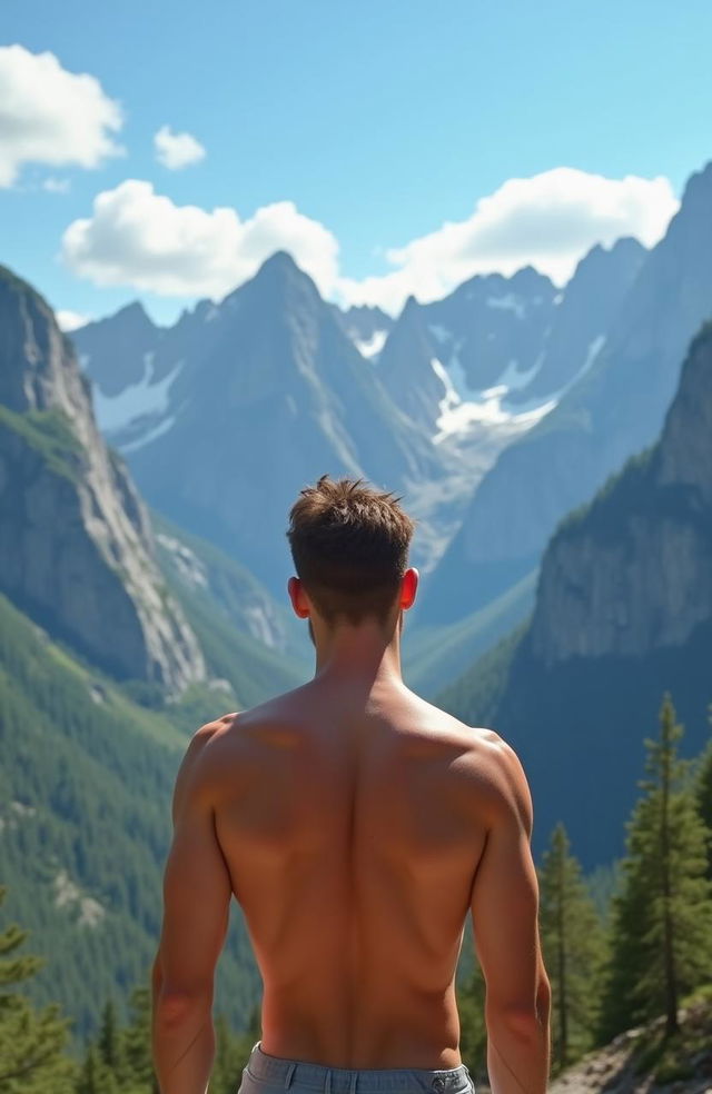 A 23-year-old fit shirtless male standing and looking at majestic mountains in the background