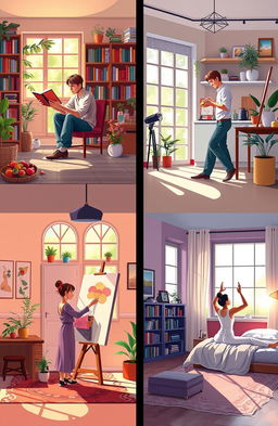 A series of artistic scenes depicting men and women in different rooms, showcasing a variety of interior designs