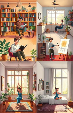 A series of artistic scenes depicting men and women in different rooms, showcasing a variety of interior designs