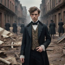 A young man styled in detailed Victorian-era clothing stands unfazed amidst a scene of orchestrated chaos and catastrophe, adding an intriguing juxtaposition.