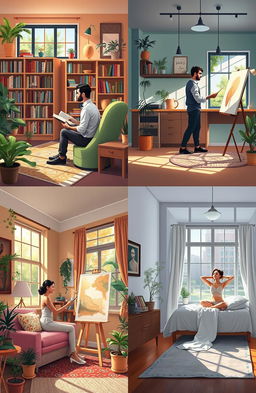 A series of artistic scenes depicting men and women in different rooms, showcasing a variety of interior designs