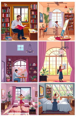 A series of artistic scenes depicting men and women in different rooms, showcasing a variety of interior designs