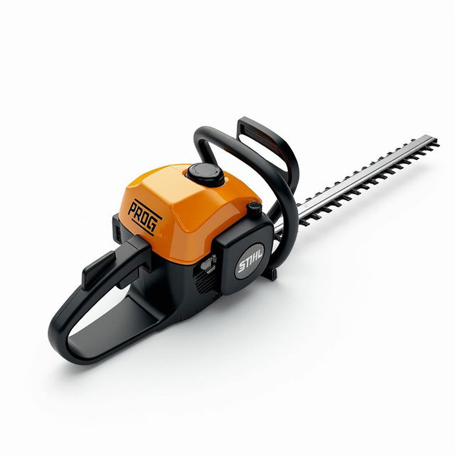 A gas-powered hedge trimmer in a stylish golden and black design, featuring the word 'PROG' prominently on the engine, inspired by the Stihl aesthetic