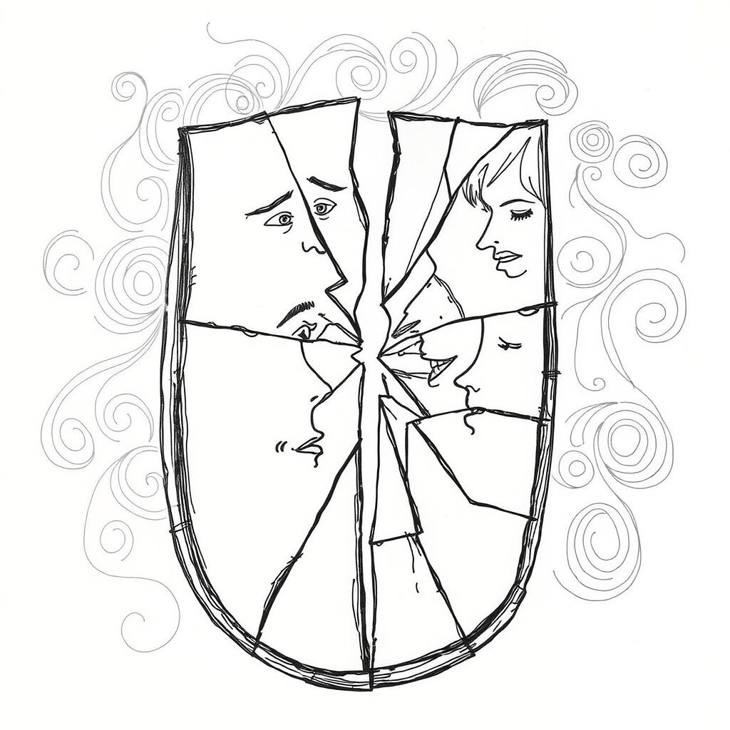 A hand-drawn illustration with fine lines depicting a shattered mirror, symbolizing internal duality and the conflicts between different versions of oneself