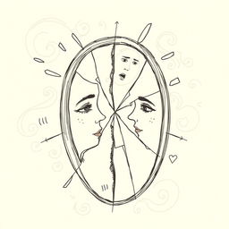 A hand-drawn illustration with fine lines depicting a shattered mirror, symbolizing internal duality and the conflicts between different versions of oneself