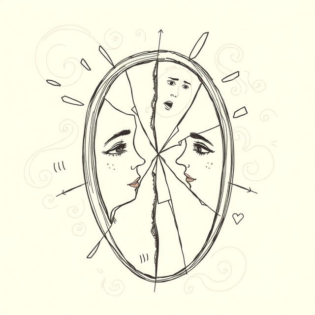 A hand-drawn illustration with fine lines depicting a shattered mirror, symbolizing internal duality and the conflicts between different versions of oneself