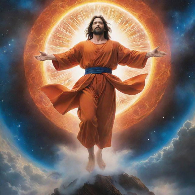 Revise the existing scene to depict a spiritual figure, Jesus, miraculously descending from the cosmic expanse, landing into the weakening arms of Goku, adding a dramatic layer of complexity to the narrative.