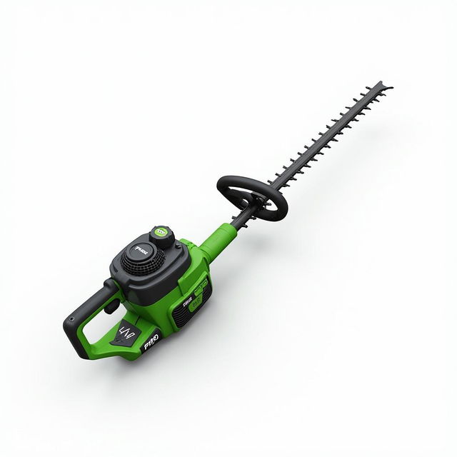 A high-definition image of a gasoline-powered hedge trimmer, featuring a vibrant green and black design with the word 'PROG' clearly visible on the engine