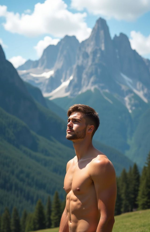 A 23-year-old fit shirtless male standing and gazing at stunning, majestic mountains in the background