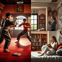 A dynamic visual contrasting two distinct scenes: on one side, a group of men engaged in an intense, energetic fight in a dojo with traditional martial arts decor, striking poses and showcasing powerful movements; on the other side, women peacefully reading in various tranquil rooms: one woman absorbed in a book within a sunlit, cozy living room, another woman enjoying a novel in a stylish library filled with books, and a third woman relaxed in a calming bedroom sanctuary