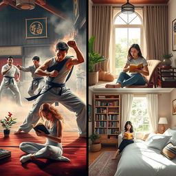 A dynamic visual contrasting two distinct scenes: on one side, a group of men engaged in an intense, energetic fight in a dojo with traditional martial arts decor, striking poses and showcasing powerful movements; on the other side, women peacefully reading in various tranquil rooms: one woman absorbed in a book within a sunlit, cozy living room, another woman enjoying a novel in a stylish library filled with books, and a third woman relaxed in a calming bedroom sanctuary