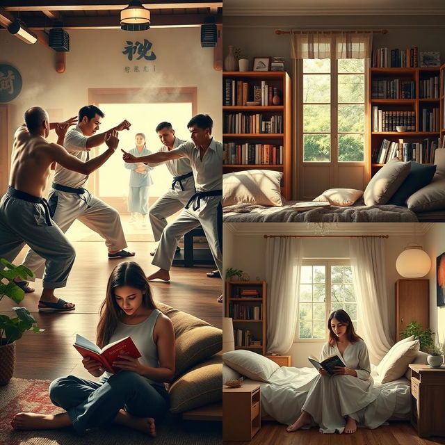 A dynamic visual contrasting two distinct scenes: on one side, a group of men engaged in an intense, energetic fight in a dojo with traditional martial arts decor, striking poses and showcasing powerful movements; on the other side, women peacefully reading in various tranquil rooms: one woman absorbed in a book within a sunlit, cozy living room, another woman enjoying a novel in a stylish library filled with books, and a third woman relaxed in a calming bedroom sanctuary