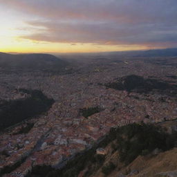 A beautiful sunset viewed from a mountain angle overlooking the city of Cuenca in Ecuador in 8k resolution