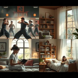 A dynamic visual contrasting two distinct scenes: on one side, a group of men engaged in an intense, energetic fight in a dojo with traditional martial arts decor, striking poses and showcasing powerful movements; on the other side, women peacefully reading in various tranquil rooms: one woman absorbed in a book within a sunlit, cozy living room, another woman enjoying a novel in a stylish library filled with books, and a third woman relaxed in a calming bedroom sanctuary