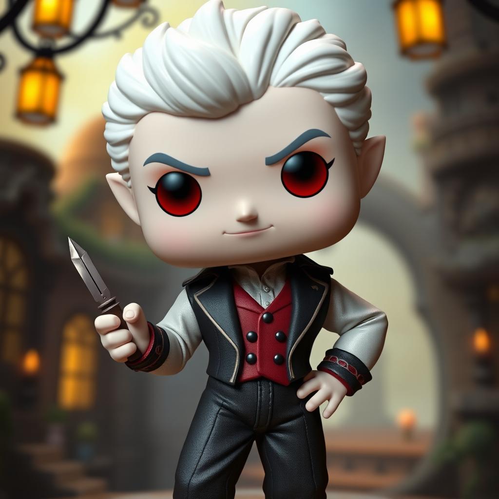 A detailed, stylized Funko Pop version of Astarion, the charming vampire spawn from Baldur's Gate 3