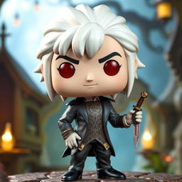 A detailed, stylized Funko Pop version of Astarion, the charming vampire spawn from Baldur's Gate 3