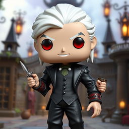 A detailed, stylized Funko Pop version of Astarion, the charming vampire spawn from Baldur's Gate 3