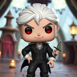 A detailed, stylized Funko Pop version of Astarion, the charming vampire spawn from Baldur's Gate 3