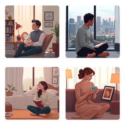 A serene and emotive depiction of men and women in different rooms, each reflecting on love