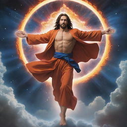 Revise the existing scene to depict a spiritual figure, Jesus, miraculously descending from the cosmic expanse, landing into the weakening arms of Goku, adding a dramatic layer of complexity to the narrative.