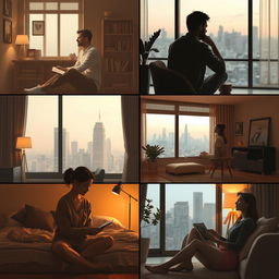 A serene and emotive depiction of men and women in different rooms, each reflecting on love