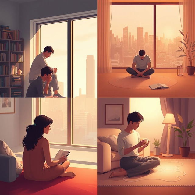 A serene and emotive depiction of men and women in different rooms, each reflecting on love