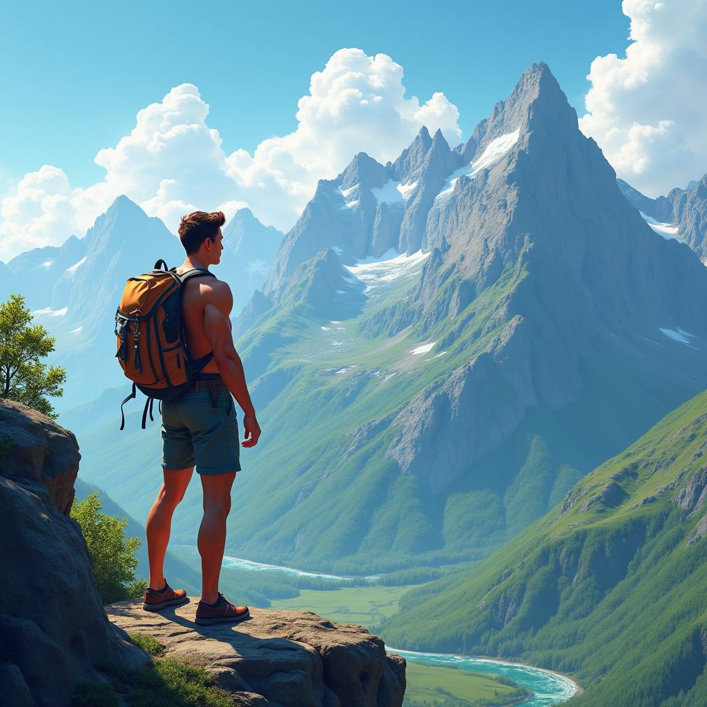 A dynamic scene featuring a shirtless adventurer, a fit 23-year-old male, standing confidently on a rocky ledge, gazing out at majestic mountains in the distance