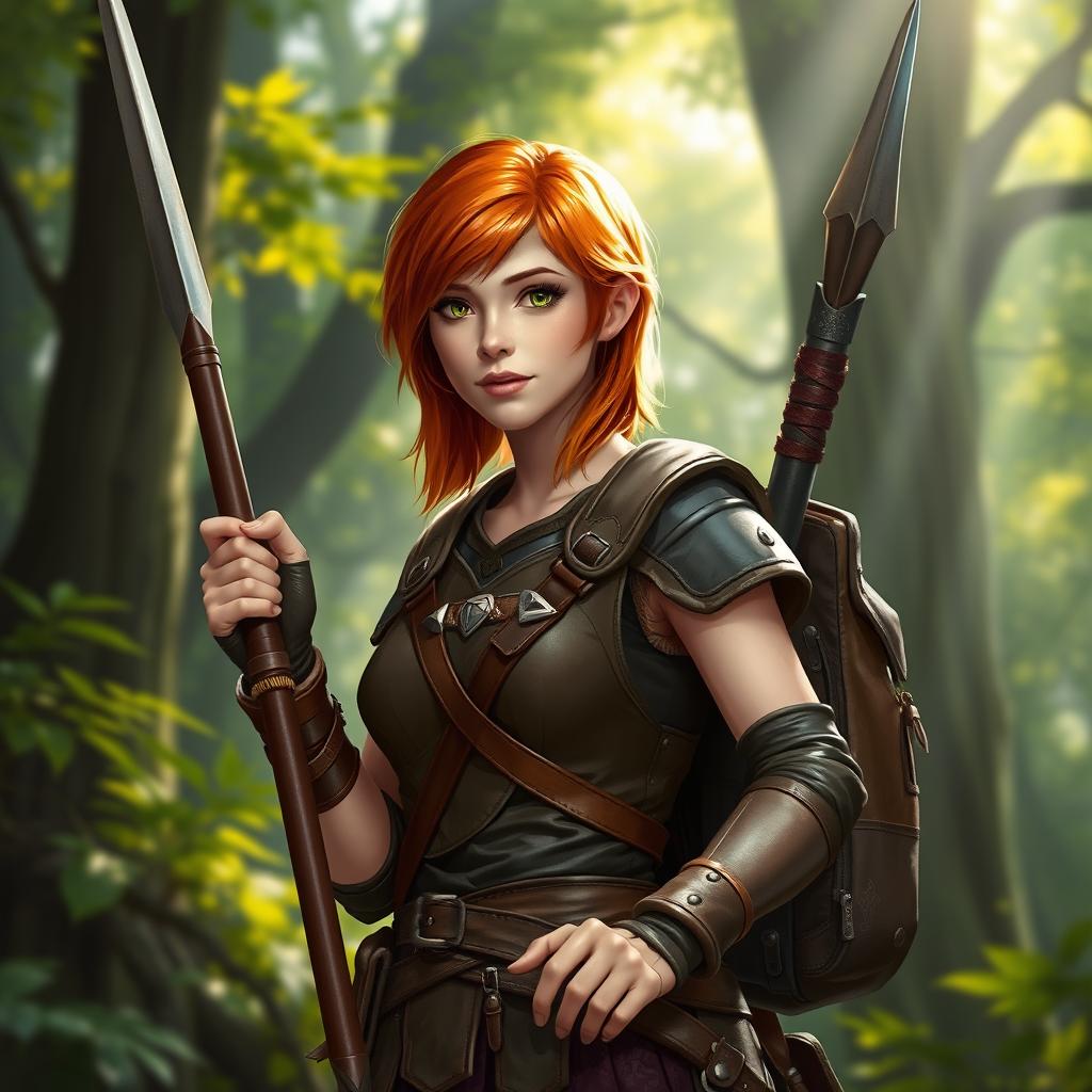 A female druid named Gaga with shoulder-length copper hair, wearing a leather armor, holding a rapier