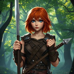 A female druid named Gaga with shoulder-length copper hair, wearing a leather armor, holding a rapier