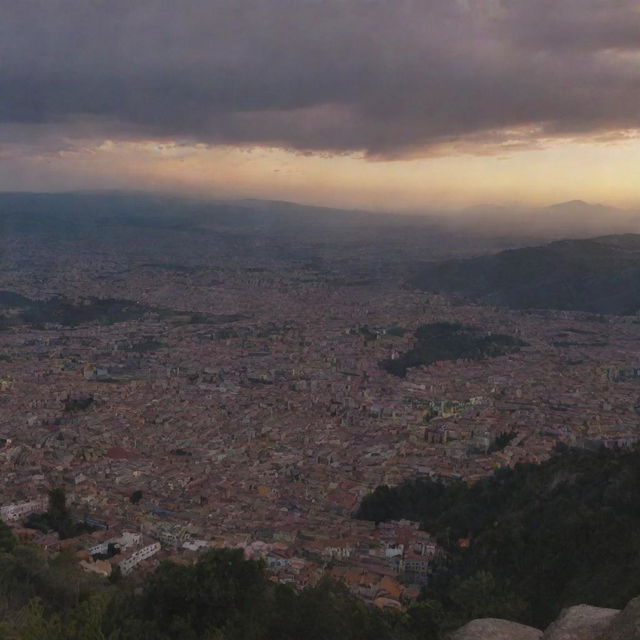 A beautiful sunset viewed from a mountain angle overlooking the city of Cuenca in Ecuador in 8k resolution