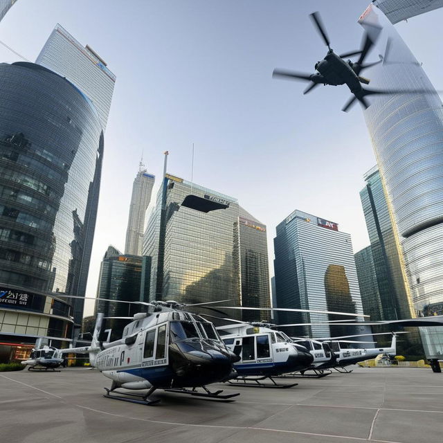 Five high-tech helicopters perched atop the helipad of a SWAT premises, in the heart of a bustling central business district under the bright daylight.