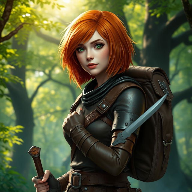 A female druid named Gaga with shoulder-length copper hair, wearing a leather armor, holding a rapier