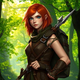 A female druid named Gaga with shoulder-length copper hair, wearing a leather armor, holding a rapier