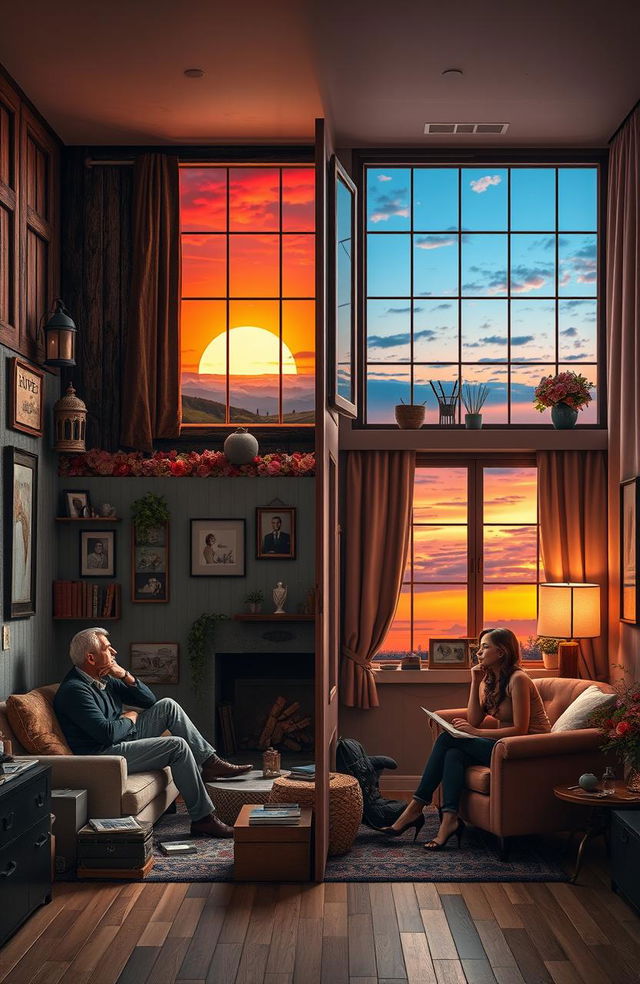 A visually striking scene depicting two separate rooms, one for men and one for women, both thoughtfully designed to reflect their unique perceptions of love