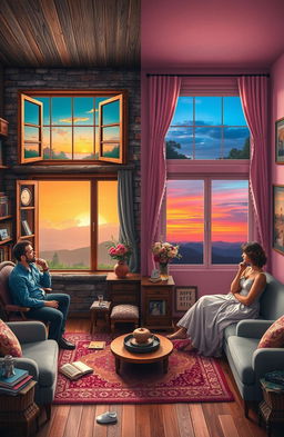 A visually striking scene depicting two separate rooms, one for men and one for women, both thoughtfully designed to reflect their unique perceptions of love