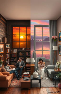 A visually striking scene depicting two separate rooms, one for men and one for women, both thoughtfully designed to reflect their unique perceptions of love