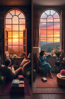 A visually striking scene depicting two separate rooms, one for men and one for women, both thoughtfully designed to reflect their unique perceptions of love