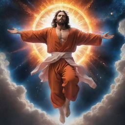 Revise the existing scene to depict a spiritual figure, Jesus, miraculously descending from the cosmic expanse, landing into the weakening arms of Goku, adding a dramatic layer of complexity to the narrative.