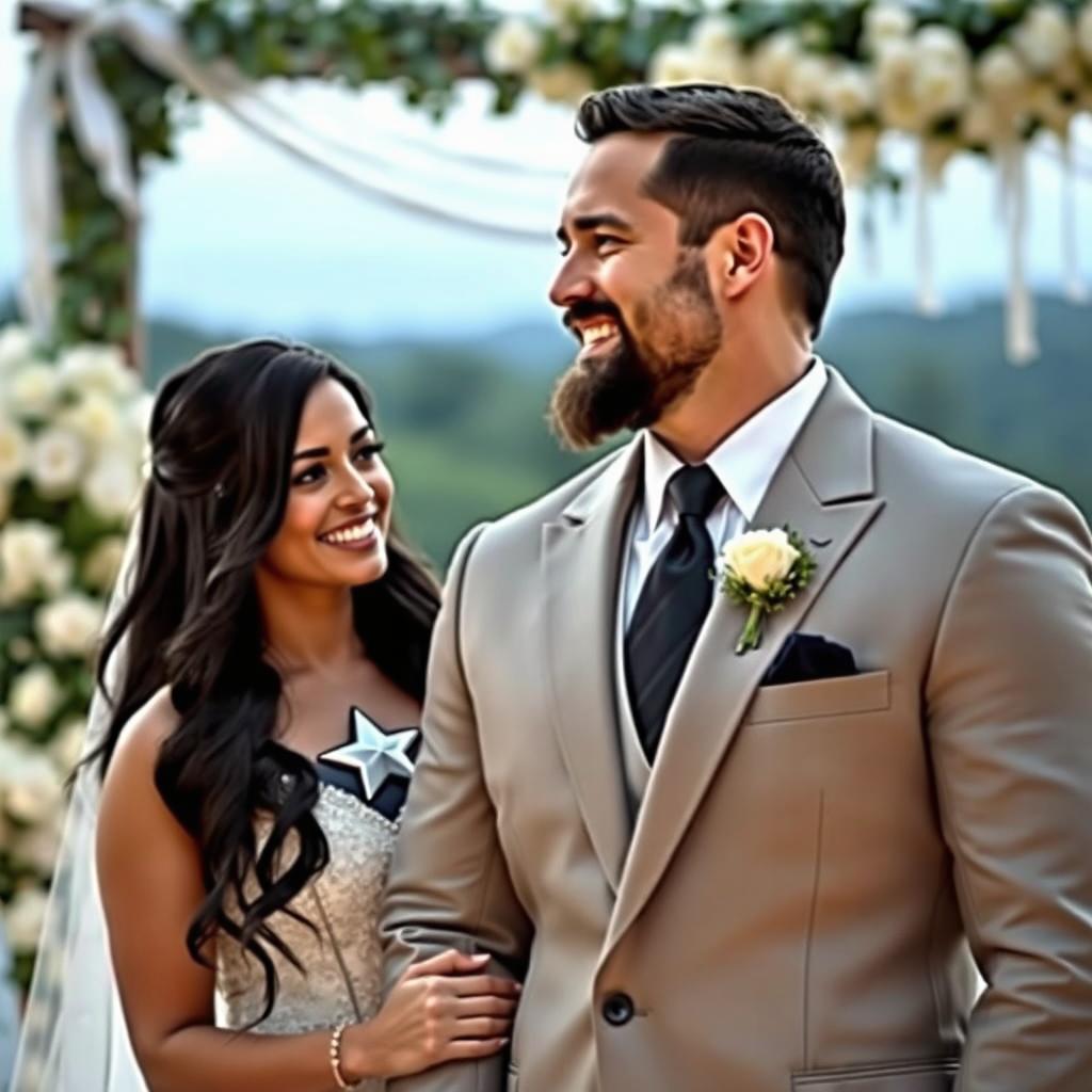 A wedding scene featuring Captain America with a well-groomed beard, dressed in a classic suit adorned with his iconic star emblem