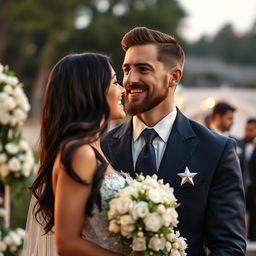 A wedding scene featuring Captain America with a well-groomed beard, dressed in a classic suit adorned with his iconic star emblem