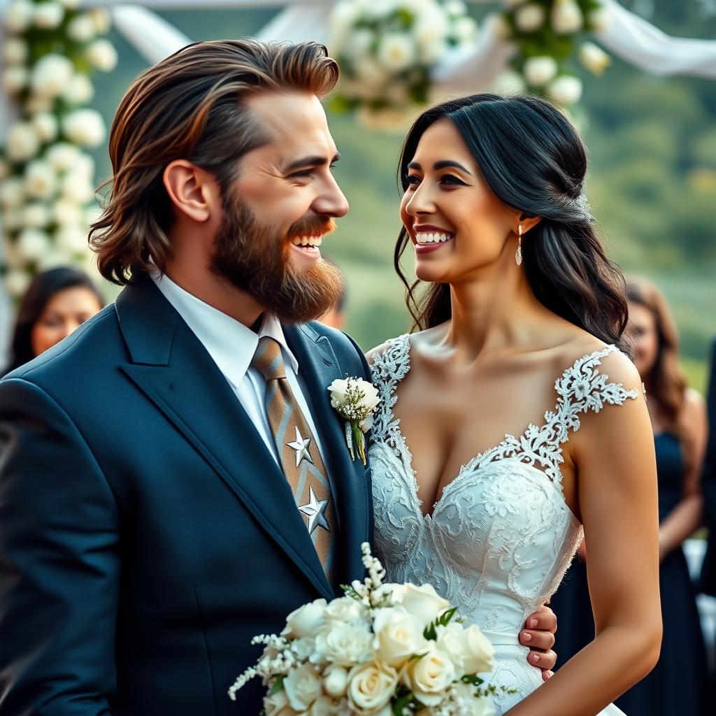 A wedding scene featuring Captain America with a well-groomed beard, dressed in a classic suit adorned with his iconic star emblem