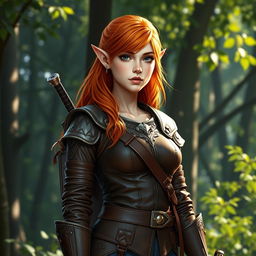 A stunning copper-haired half-elf female character, dressed in stylish leather armor that fits her slender figure, showcasing intricate details and design