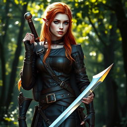 A stunning copper-haired half-elf female character, dressed in stylish leather armor that fits her slender figure, showcasing intricate details and design