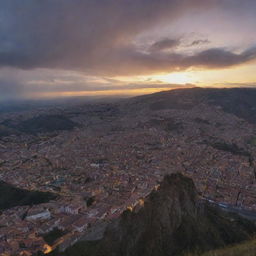 A beautiful sunset viewed from a mountain angle overlooking the city of Cuenca in Ecuador in 8k resolution