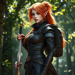 A stunning copper-haired half-elf female character, dressed in stylish leather armor that fits her slender figure, showcasing intricate details and design