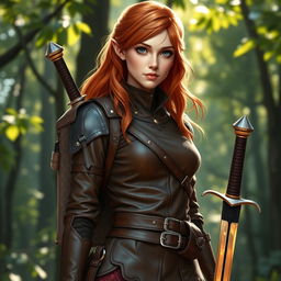 A stunning copper-haired half-elf female character, dressed in stylish leather armor that fits her slender figure, showcasing intricate details and design