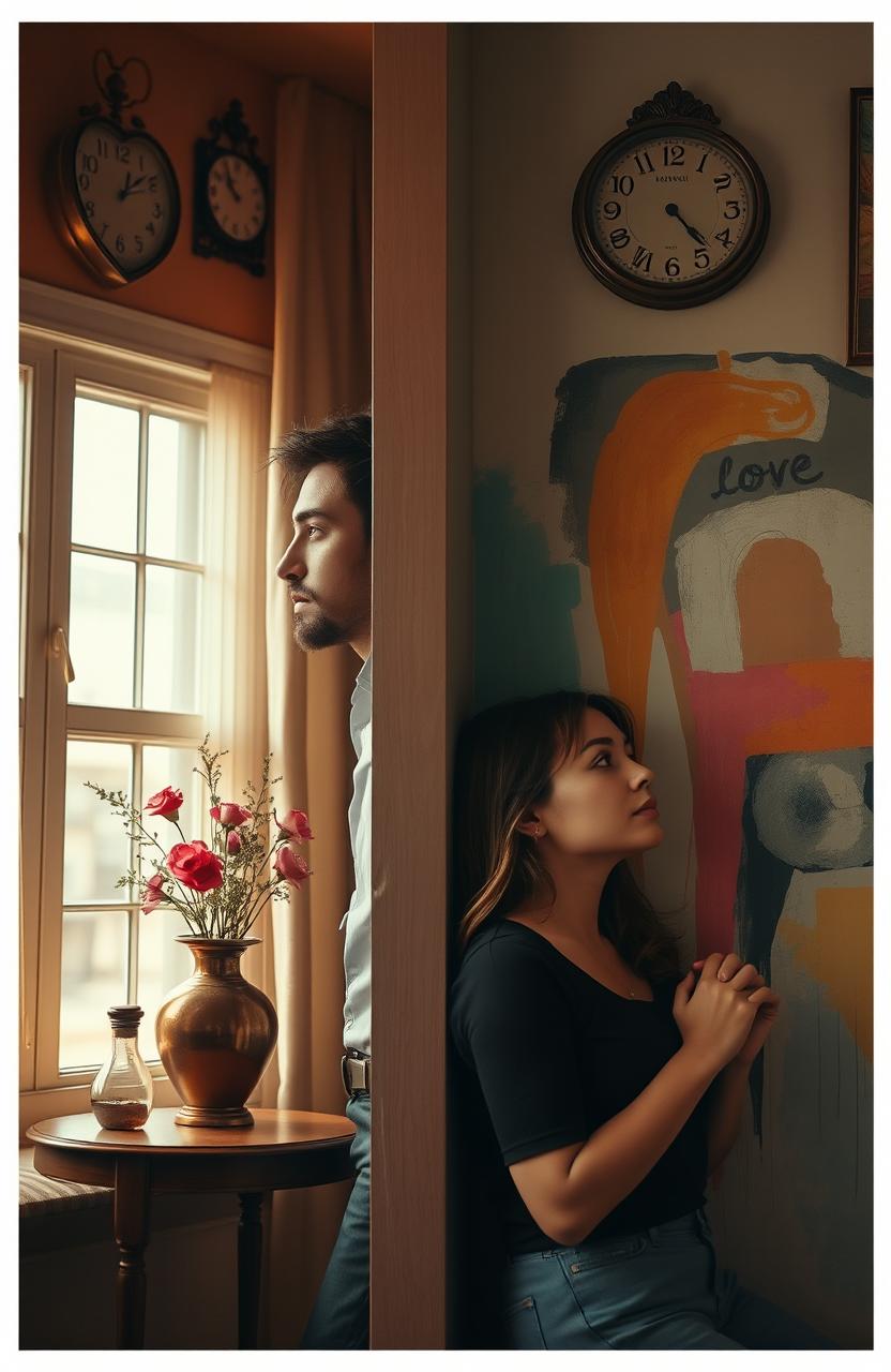 A split scene depicting men and women leaning against the wall in two distinct rooms, each expressing contemplation about love