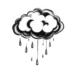 A hand-drawn black and white illustration of a cloud with raindrops, symbolizing the reflection and renewal that rain brings